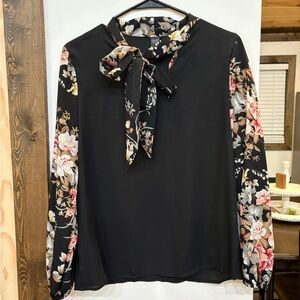 Chic Black Floral Blouse with Bow Accent